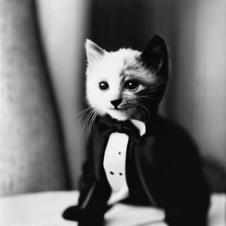 a black and white medium format 85mm portrait photograph of a kitten in a tuxedo on his way to a funeral, high quality photo, highly detailed, edward weston, agfa isopan iso 25, pepper no. 35 -s75 -b1 -W512 -H512 -C9.0 -S2120799206